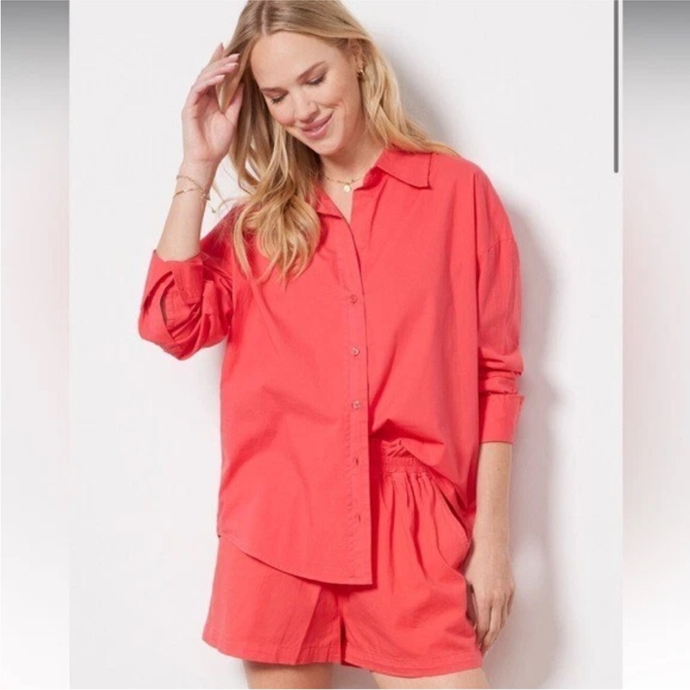 Monrow Fire Coral Button-Down Shirt Evereve